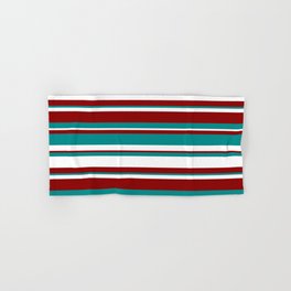 [ Thumbnail: Dark Red, Dark Cyan, and White Colored Striped Pattern Hand & Bath Towel ]