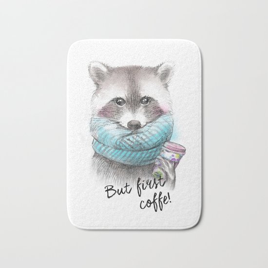 raccoon pencil and watercolor illustration Bath Mat