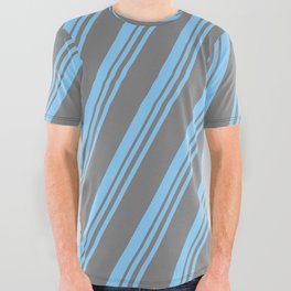 [ Thumbnail: Light Sky Blue & Gray Colored Stripes Pattern All Over Graphic Tee ]