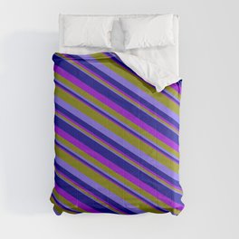 [ Thumbnail: Green, Medium Slate Blue, Dark Blue, and Dark Violet Colored Pattern of Stripes Comforter ]