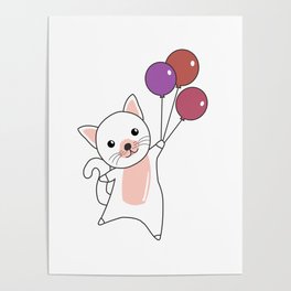Cat Flies Up With Colorful Balloons Poster
