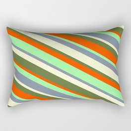 [ Thumbnail: Eyecatching Green, Light Slate Gray, Light Yellow, Dark Olive Green, and Red Colored Lined Pattern Rectangular Pillow ]
