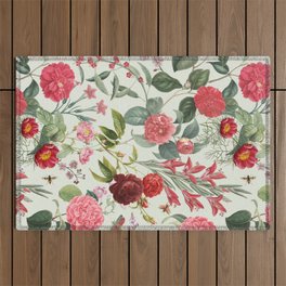 Rose Garden & Spinach White  - Lush floral pattern at pale green Outdoor Rug