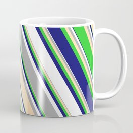 [ Thumbnail: Eyecatching Dark Grey, Tan, Lime Green, Midnight Blue, and White Colored Pattern of Stripes Coffee Mug ]