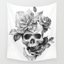 Black and white Skull and Roses Wall Tapestry