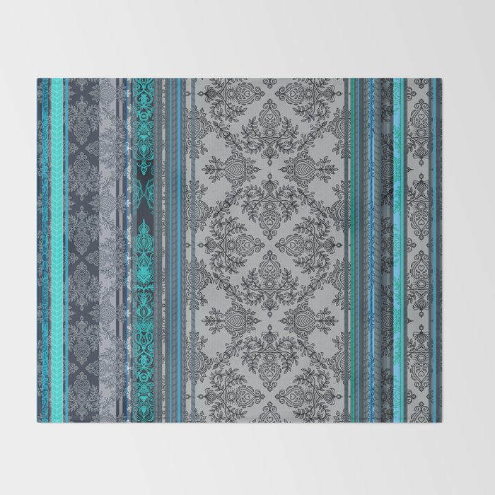 Teal Aqua Grey Vintage Bohemian Wallpaper Stripes Throw Blanket By Micklyn Society6