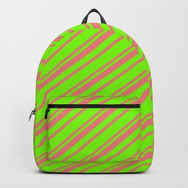 [ Thumbnail: Green and Light Coral Colored Striped Pattern Backpack ]