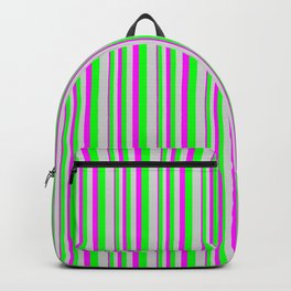 [ Thumbnail: Fuchsia, Lime, and Light Grey Colored Lined/Striped Pattern Backpack ]
