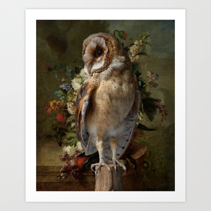 Warm colored barn owl in flower still life | photo and painting | wall art  Art Print