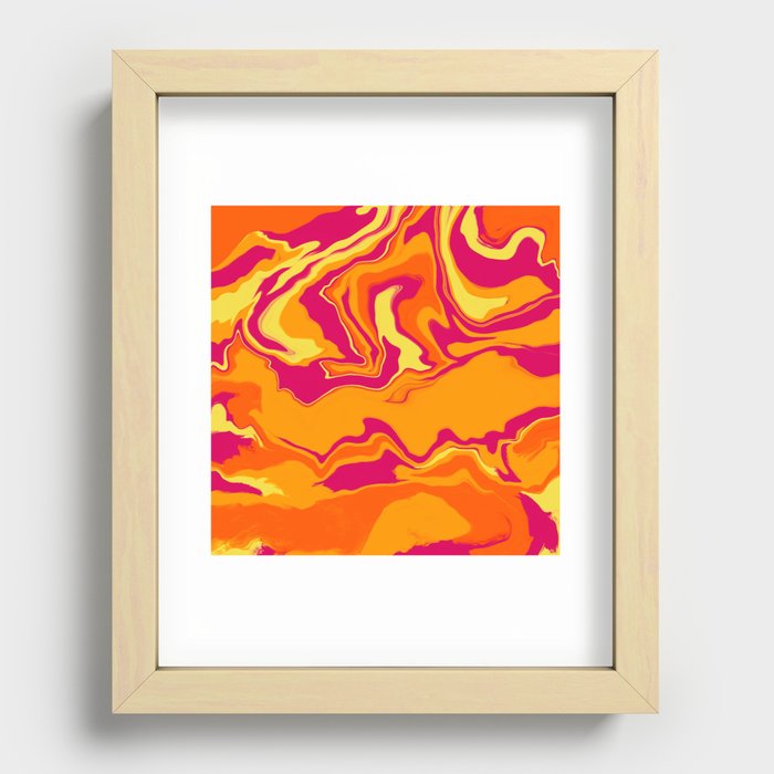 Abstract tropical fluid marble pattern with pink, yellow and orange Recessed Framed Print