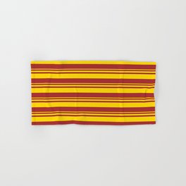 [ Thumbnail: Yellow and Brown Colored Stripes/Lines Pattern Hand & Bath Towel ]