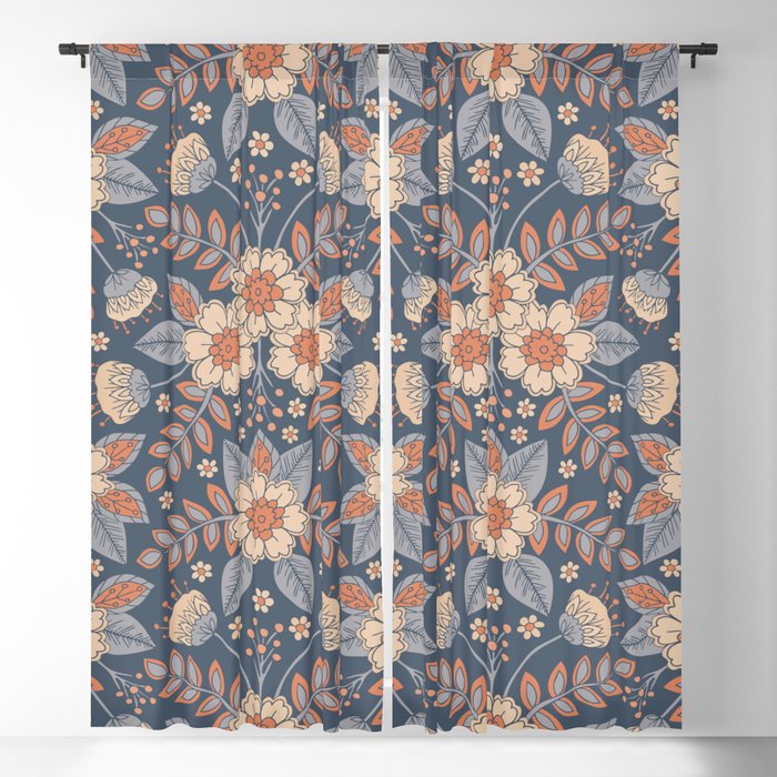 Slate Blue, Cream & Peach Floral Pattern - Pastel Flowers & Leaves Blackout Curtain