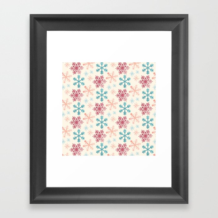 Christmas Pattern Watercolor Snowflake Pink Blue Framed Art Print