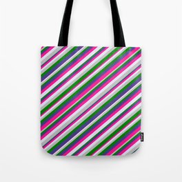 [ Thumbnail: Eye-catching Dark Slate Blue, Deep Pink, Lavender, Grey, and Green Colored Striped/Lined Pattern Tote Bag ]