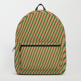 [ Thumbnail: Forest Green and Dark Salmon Colored Striped Pattern Backpack ]