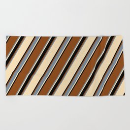 [ Thumbnail: Brown, Light Slate Gray, Tan, and Black Colored Lined/Striped Pattern Beach Towel ]