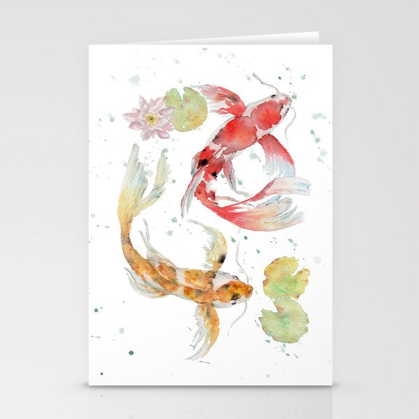 Watercolor Painting Of Picture Koi Pond Stationery Cards By