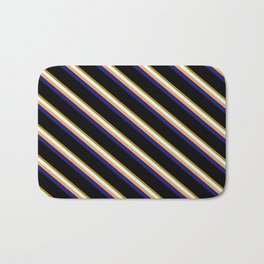 [ Thumbnail: Vibrant Dark Goldenrod, Light Cyan, Brown, Midnight Blue & Black Colored Stripes/Lines Pattern Bath Mat ]