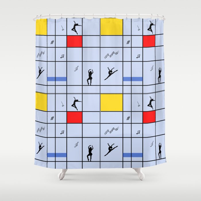 Dancing like Piet Mondrian - Composition with Red, Yellow, and Blue on the light blue background Shower Curtain