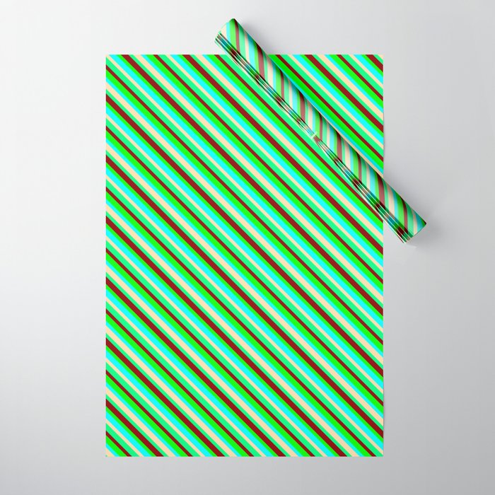 Colorful Dark Red, Lime, Aqua, Tan, and Green Colored Pattern of Stripes Wrapping Paper