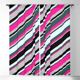 [ Thumbnail: Colorful Light Cyan, Dark Slate Gray, Deep Pink, Grey & Black Colored Lines/Stripes Pattern Blackout Curtain ]
