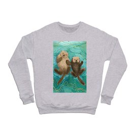 Otters Holding Paws, Floating in Emerald Waters Crewneck Sweatshirt
