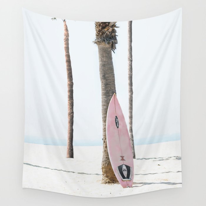 Pastel Pink Surfboard at Beach Wall Tapestry