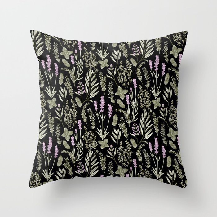 Vintage Herbs - lavender, sage, rosemary, thyme, mint - green and purple Throw Pillow