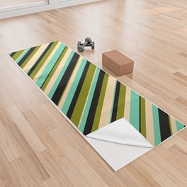 [ Thumbnail: Aquamarine, Tan, Green, and Black Colored Striped Pattern Yoga Towel ]