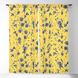 Elegant Blue Yellow Passion Flower Floral Pattern Blackout Curtain