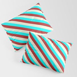 [ Thumbnail: Aqua, Red & Beige Colored Pattern of Stripes Pillow Sham ]