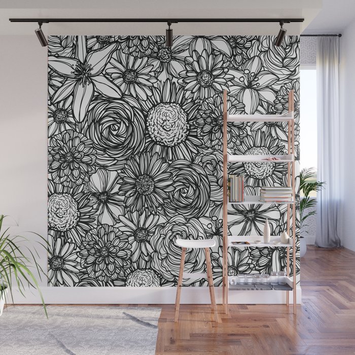 Black and White Flowers Wall Mural