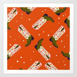 Cowboy boots with flowers and hearts on vibrant orange background, seamless pattern. Cute festive repeat pattern. Bright colorful vector design. Art Print