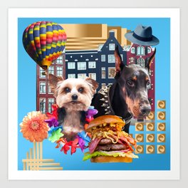Two Dogs and a Hamburger Collage Art Print