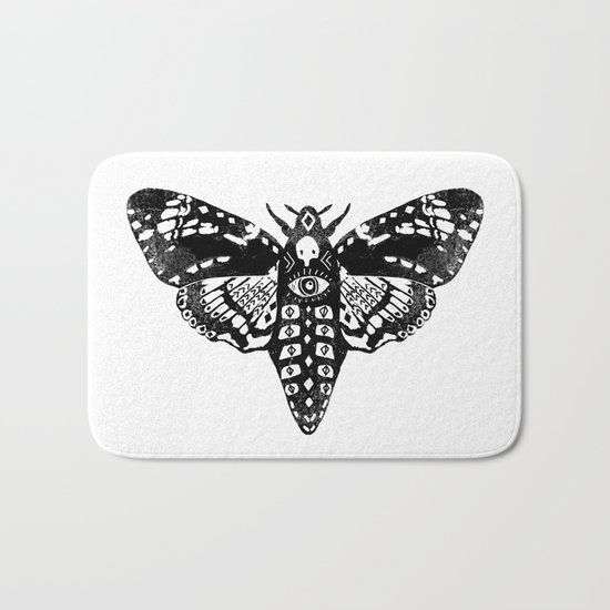 Moth linocut black and white minimal modern art print square moths nature Bath Mat