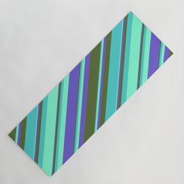 [ Thumbnail: Aquamarine, Slate Blue, Dark Olive Green, and Turquoise Colored Lines Pattern Yoga Mat ]