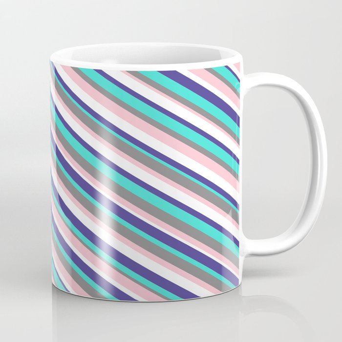 Vibrant Gray, Pink, White, Dark Slate Blue & Turquoise Colored Striped Pattern Coffee Mug