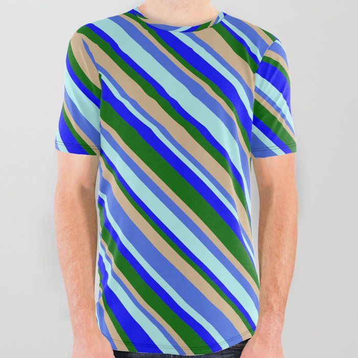 Eye-catching Tan, Royal Blue, Turquoise, Blue & Dark Green Colored Pattern of Stripes All Over Graphic Tee