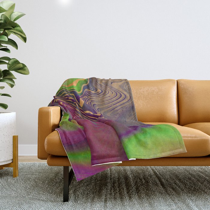 Multicolored neon psychedelic abstract digital art with distorted lines and metallic texture.  Throw Blanket