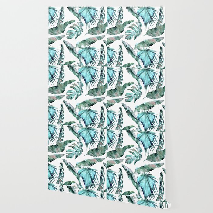 Tropical Palm Leaves Blue Green on White Wallpaper by ...