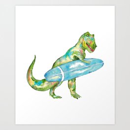T-rex surfing dinosaur painting watercolour Art Print