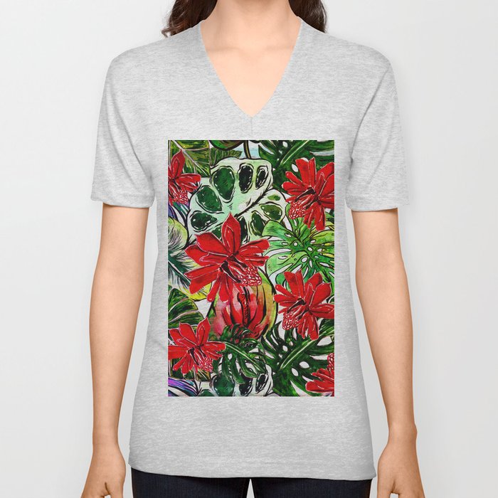 Exotic Passiflora Flowers Jungle Aloha Pattern V Neck T Shirt