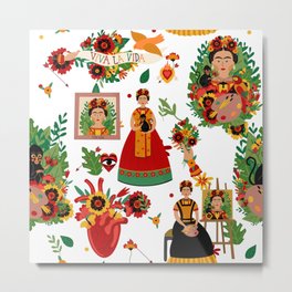 Artistic Frida Kahlo Pattern Illustration Metal Print