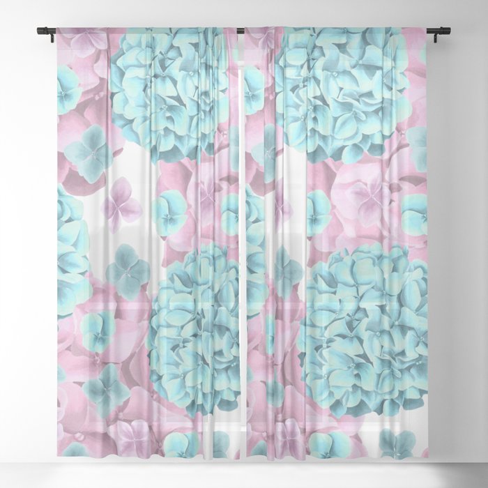 Modern Girly Pink Teal Watercolor Hortensia Pattern Sheer Curtain