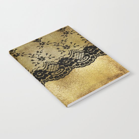 Black floral elegant lace on gold metal background- #Society6 Notebook