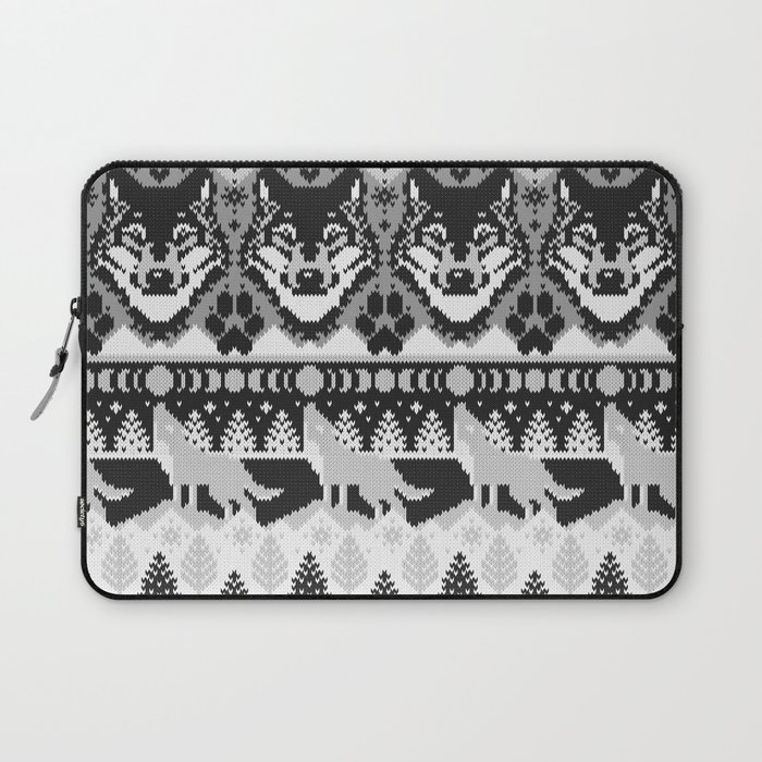 Fair isle knitting grey wolf // black and white wolves moons and pine trees Laptop Sleeve