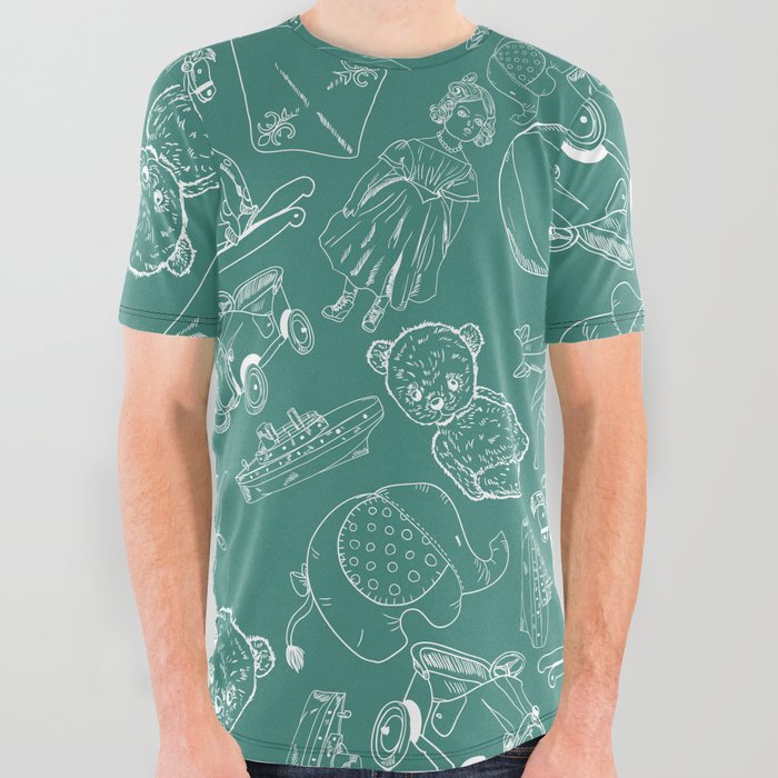 Green Blue and White Toys Outline Pattern All Over Graphic Tee