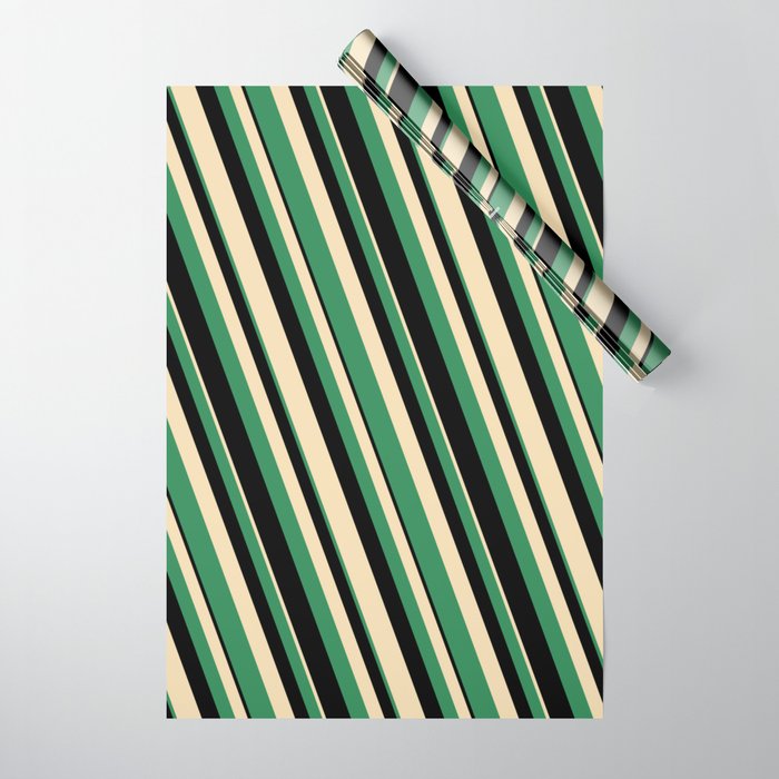 Tan, Sea Green & Black Colored Striped Pattern Wrapping Paper