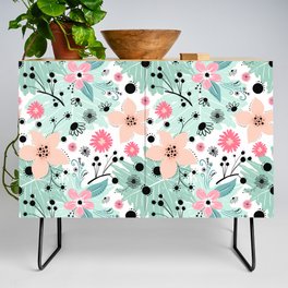 Tropical Pastel Florals and Leaves - Mint, Peach and Pink Credenza