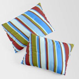 [ Thumbnail: Vibrant Blue, Light Sky Blue, Light Cyan, Green & Dark Red Colored Lined/Striped Pattern Pillow Sham ]
